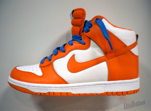 orange and white nike dunks high