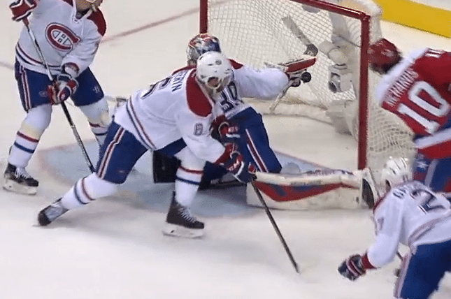 Watch Mike Condon twist body, use arm to rob Mike Richards of sure goal