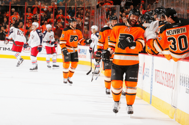 Watch Radko Gudas rocket slapshot off the post and in — all the way from center ice