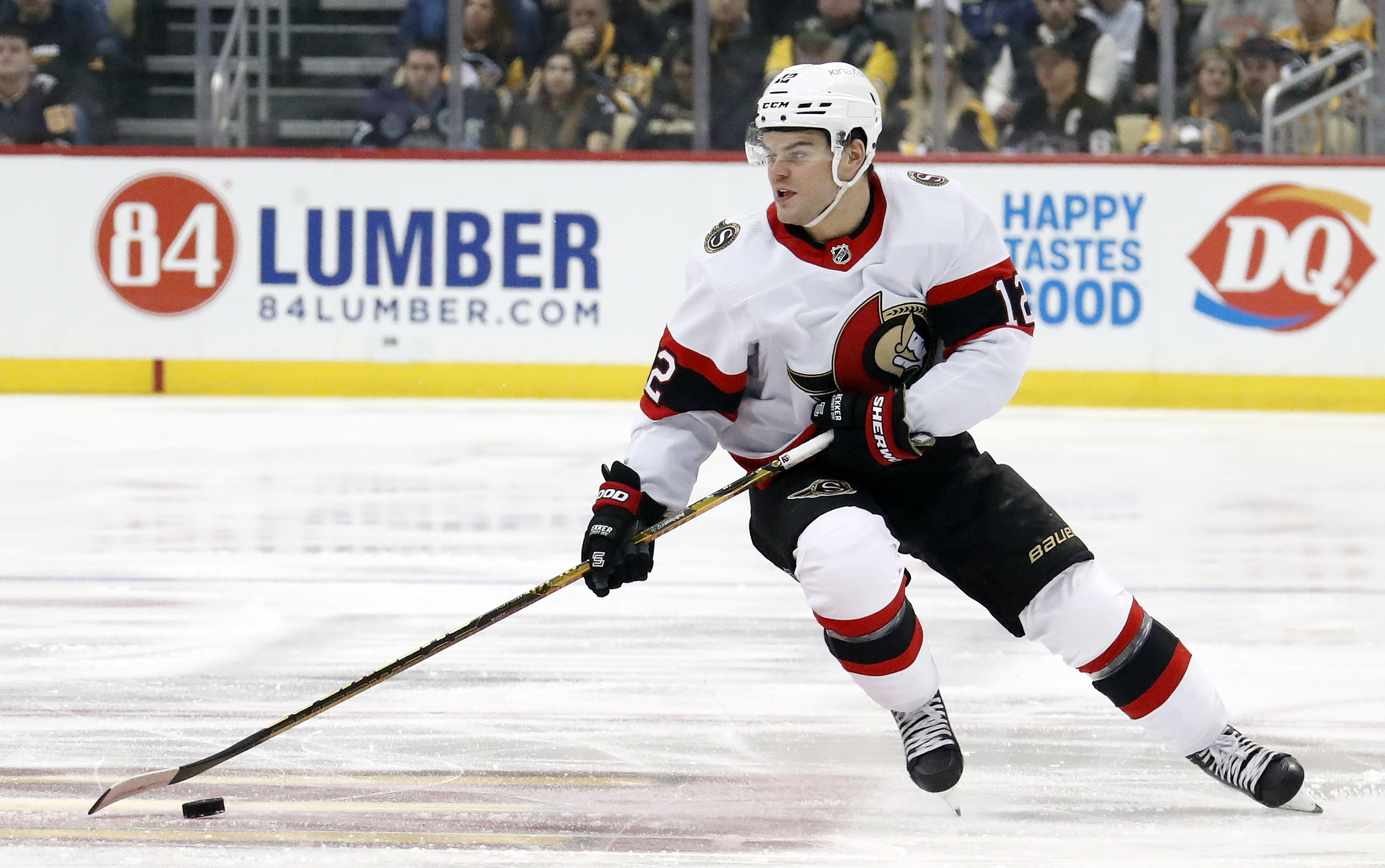 Mar 20, 2023; Pittsburgh, Pennsylvania, USA; Ottawa Senators right wing Alex DeBrincat (12) skates with the puck against the Pittsburgh Penguins during the first period at PPG Paints Arena. Mandatory Credit: Charles LeClaire-USA TODAY Sports - "It's a great fit for every aspect of our lives": Alex DeBrincat on Moving Home to Detroit