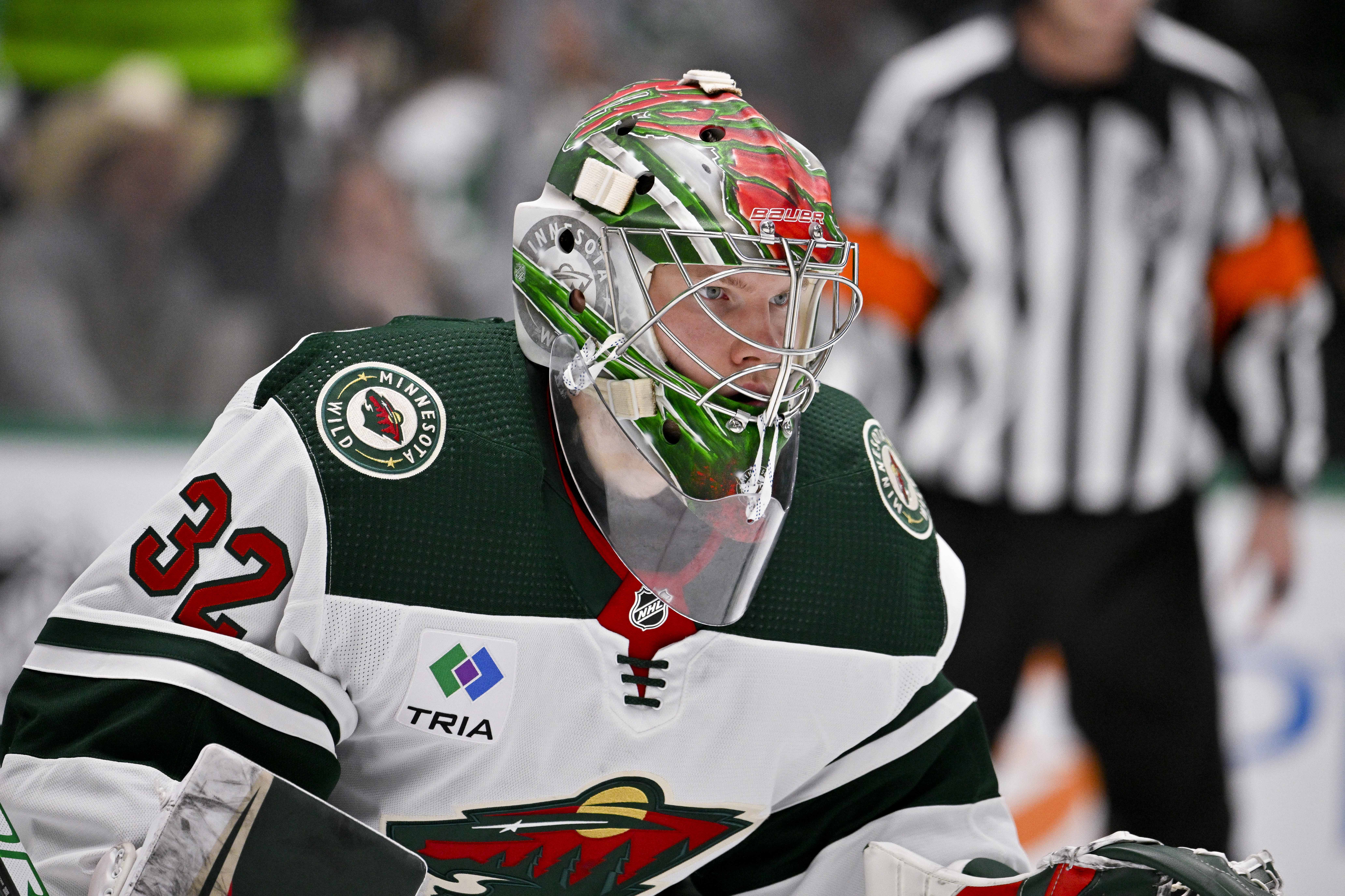 Apr 17, 2023; Dallas, Texas, USA; Minnesota Wild goaltender Filip Gustavsson (32) in action during the game between the Dallas Stars and the Minnesota Wild in game one of the first round of the 2023 Stanley Cup Playoffs at the American Airlines Center. Mandatory Credit: Jerome Miron-USA TODAY Sports - The Minnesota Wild Aren't Letting Former Senator Filip Gustavsson Get Away
