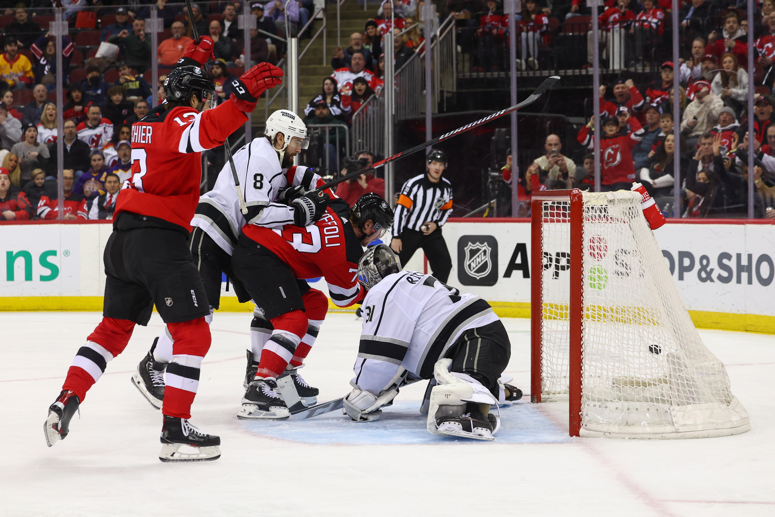 Feb 15, 2024; Newark, New Jersey, USA; New Jersey Devils right wing Tyler Toffoli (73) scores a goal against the Los Angeles Kings during the second period at Prudential Center. Mandatory Credit: Ed Mulholland-USA TODAY Sports - Gameday Preview: Devils @ Kings