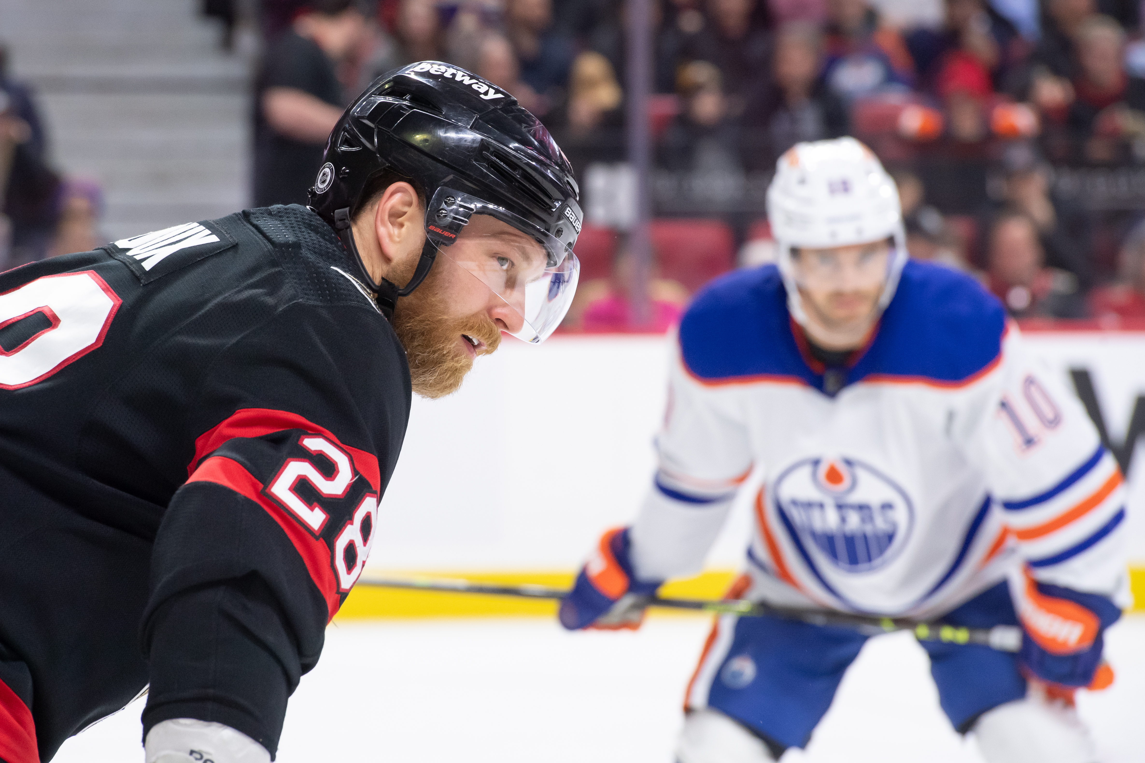 Mar 24, 2024; Ottawa, Ontario, CAN; Ottawa Senators right wing Claude Giroux (28) lines up for a face-off in the second period against the Edmonton Oilers at the Canadian Tire Centre. Mandatory Credit: Marc DesRosiers-USA TODAY Sports - Ottawa Senators Forward Claude Giroux Gets Nomination for NHL Award