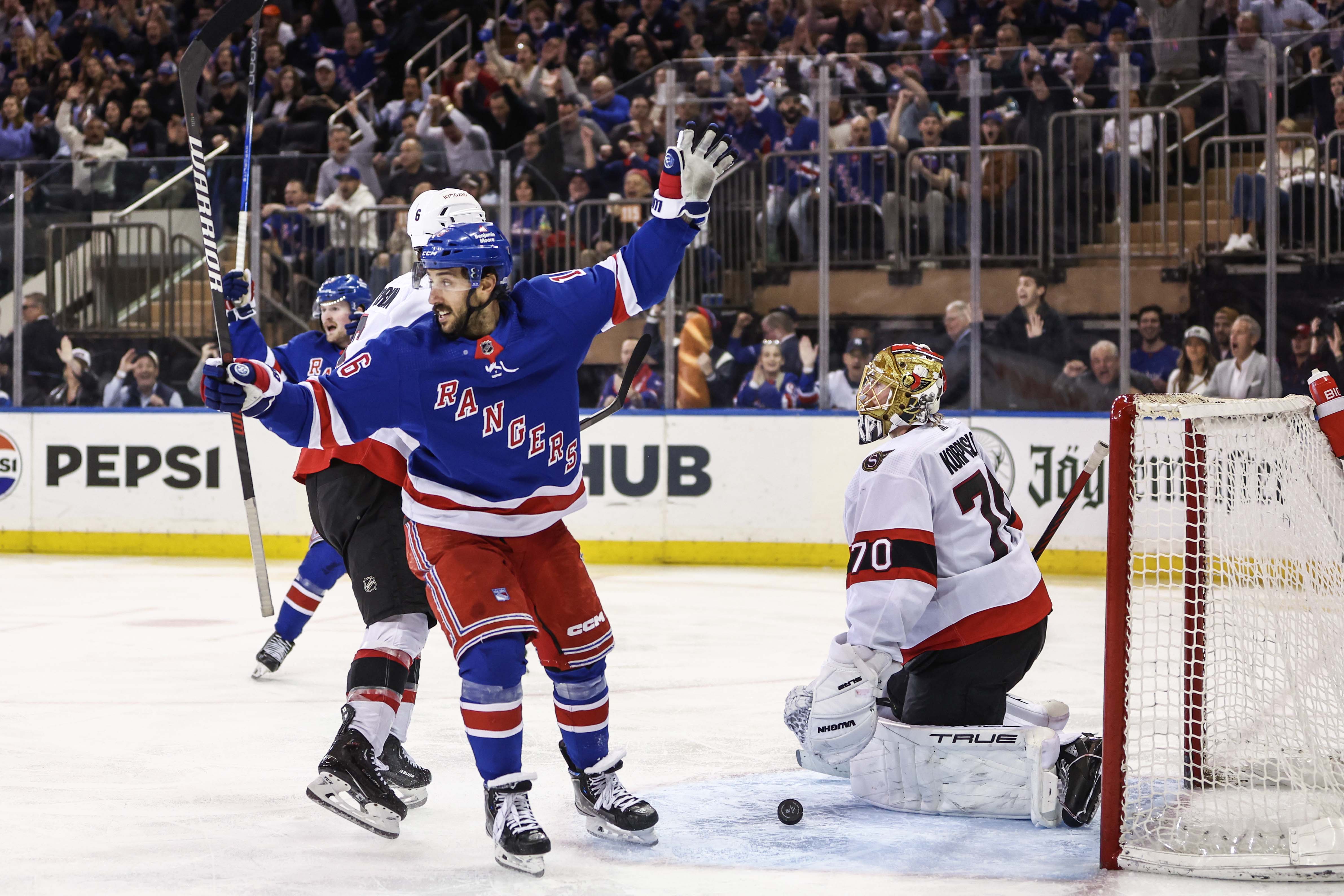 Apr 15, 2024; New York, New York, USA; New York Rangers center Vincent Trocheck (16) reacts after the puck slides past Ottawa Senators goaltender Joonas Korpisalo (70) for a goal in the third period at Madison Square Garden. Mandatory Credit: Wendell Cruz-USA TODAY Sports - Ottawa Senators Blanked 4-0 By President's Trophy-Winning New York Rangers