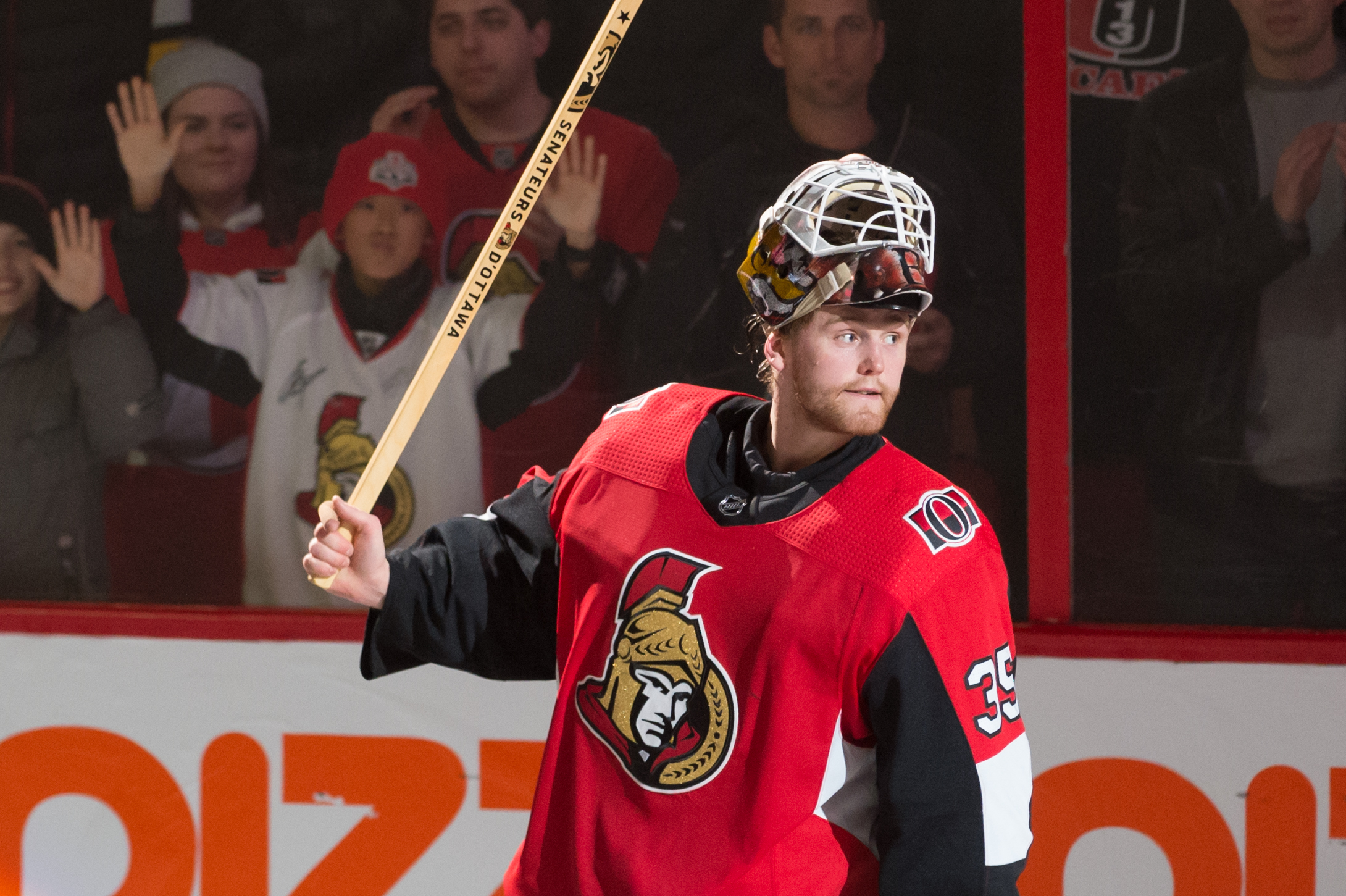 Feb 13, 2020; Ottawa, Ontario, CAN; Ottawa Senators goalie Marcus Hogberg (35) is named the first star in game against the Arizona Coyotes at the Canadian Tire Centre. Mandatory Credit: Marc DesRosiers-USA TODAY Sports - Former Ottawa Senator Goalie "Outstanding" In His First NHL Start Since 2021