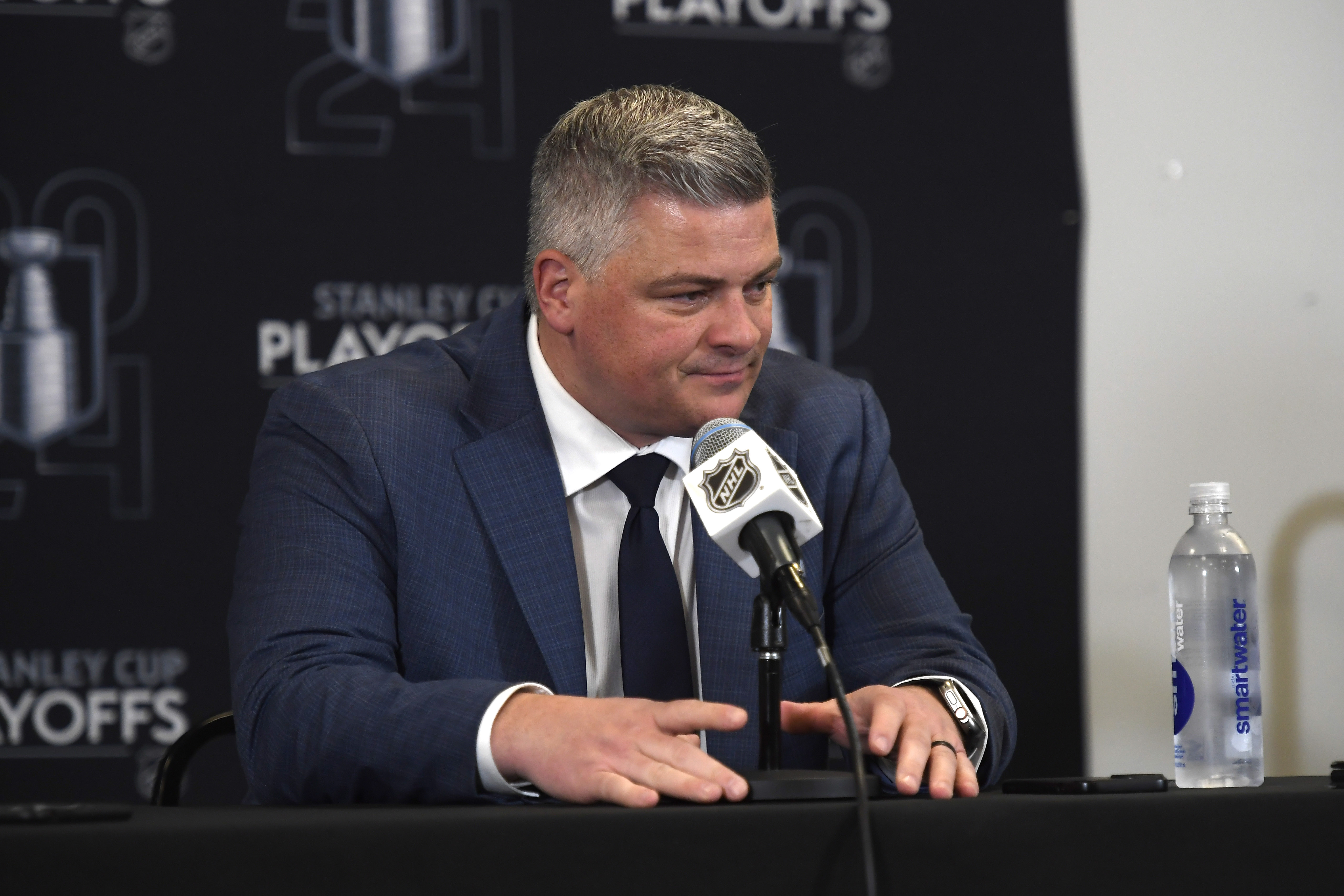 May 4, 2024; Boston, Massachusetts, USA; Toronto Maple Leafs coach Sheldon Keefe speaks to the media after being defeated by the Boston Bruins in game seven of the first round of the 2024 Stanley Cup Playoffs at TD Garden. Mandatory Credit: Bob DeChiara-USA TODAY Sports - OFFICIAL: Devils Introduce Sheldon Keefe as Next Head Coach