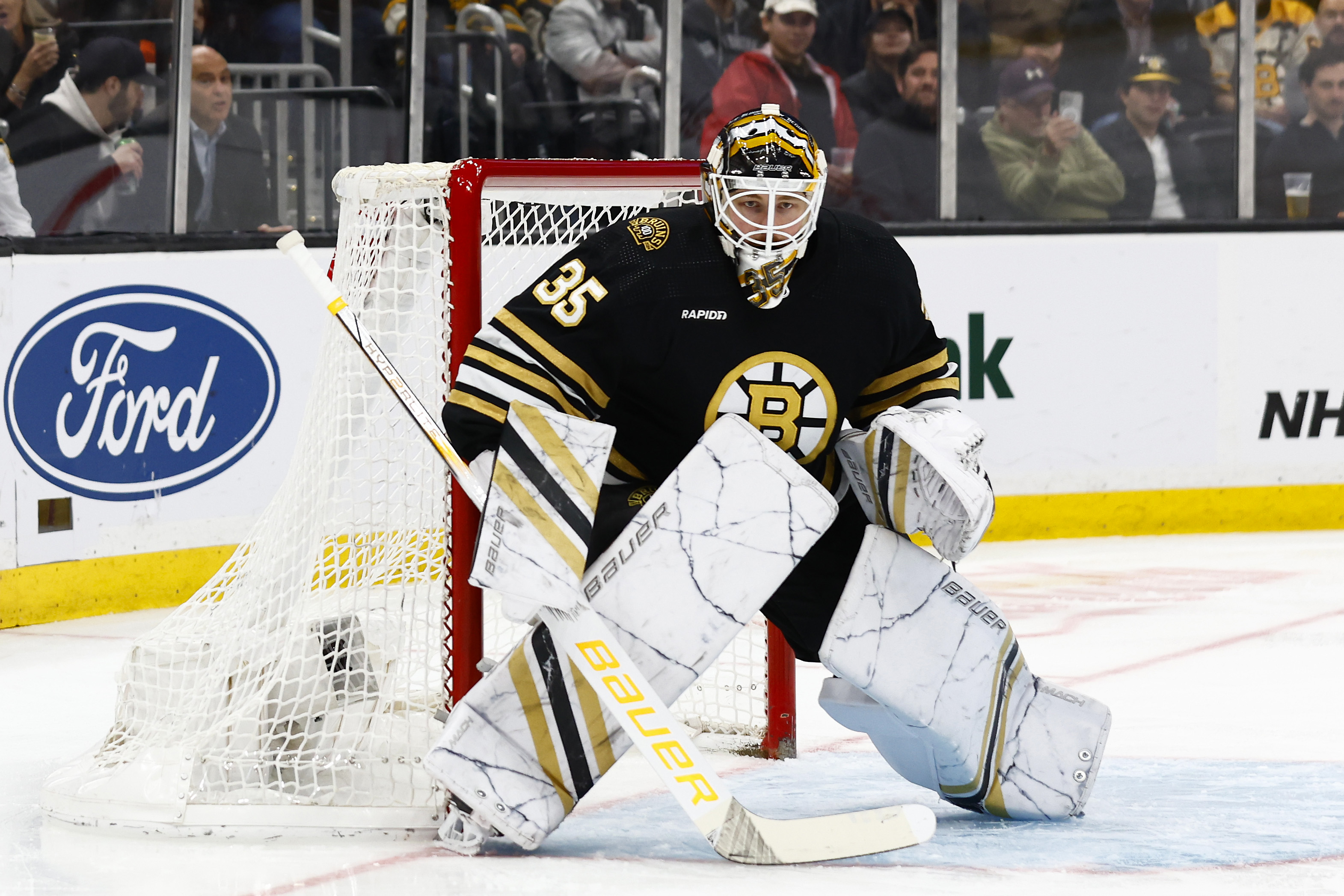 Mar 5, 2024; Boston, Massachusetts, USA; Boston Bruins goaltender Linus Ullmark (35) during the first period against the Edmonton Oilers at TD Garden. Mandatory Credit: Winslow Townson-USA TODAY Sports - Devils' Goaltending Problem: Is Linus Ullmark the Solution?