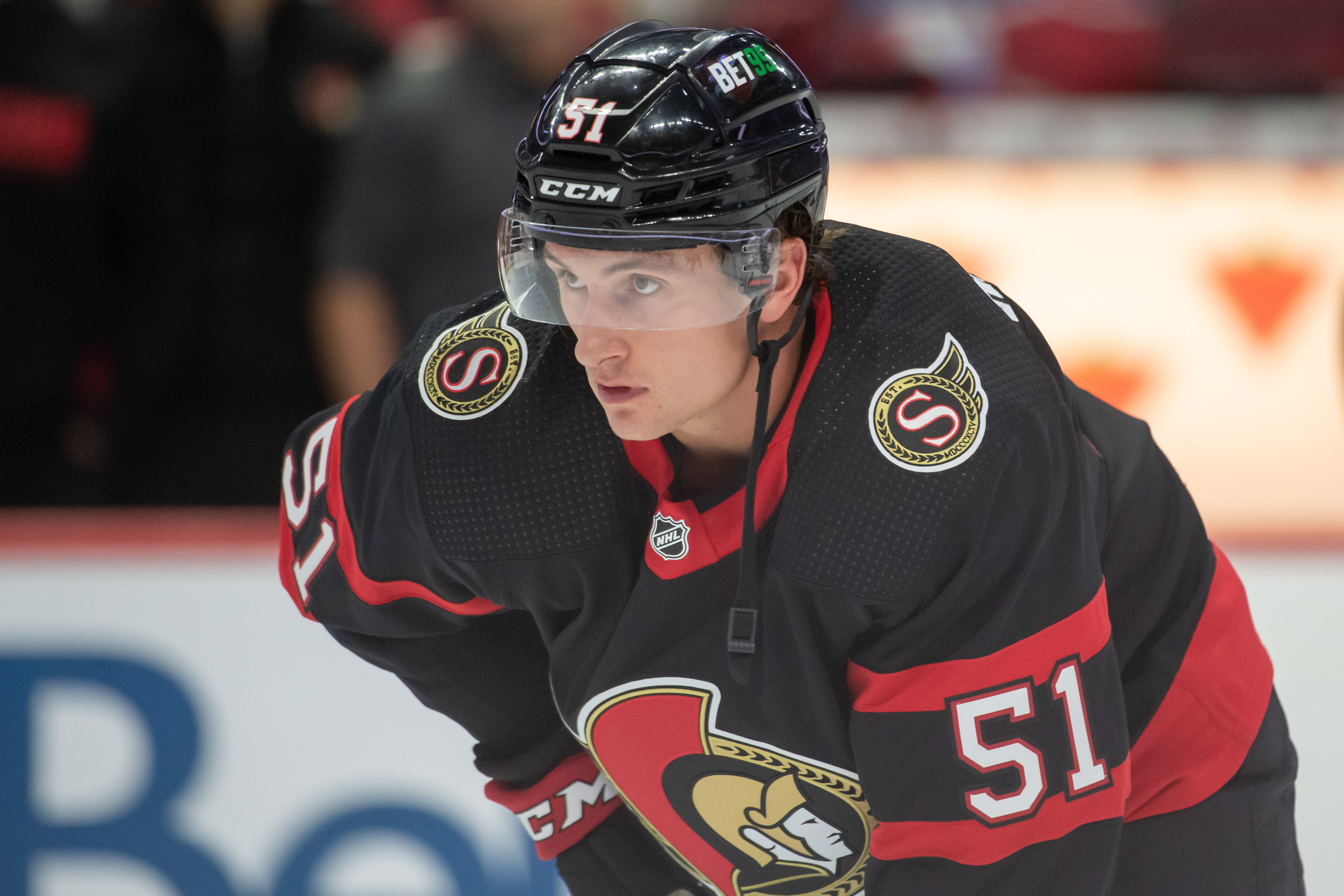 Oct 1, 2022; Ottawa, Ontario, CAN; Ottawa Senators left wing Cole Reinhardt (51) during warmup prior to start of game against the Montreal Canadiens at the Canadian Tire Centre. Mandatory Credit: Marc DesRosiers-USA TODAY Sports - Ottawa Senators Call Up Belleville's Hottest Player