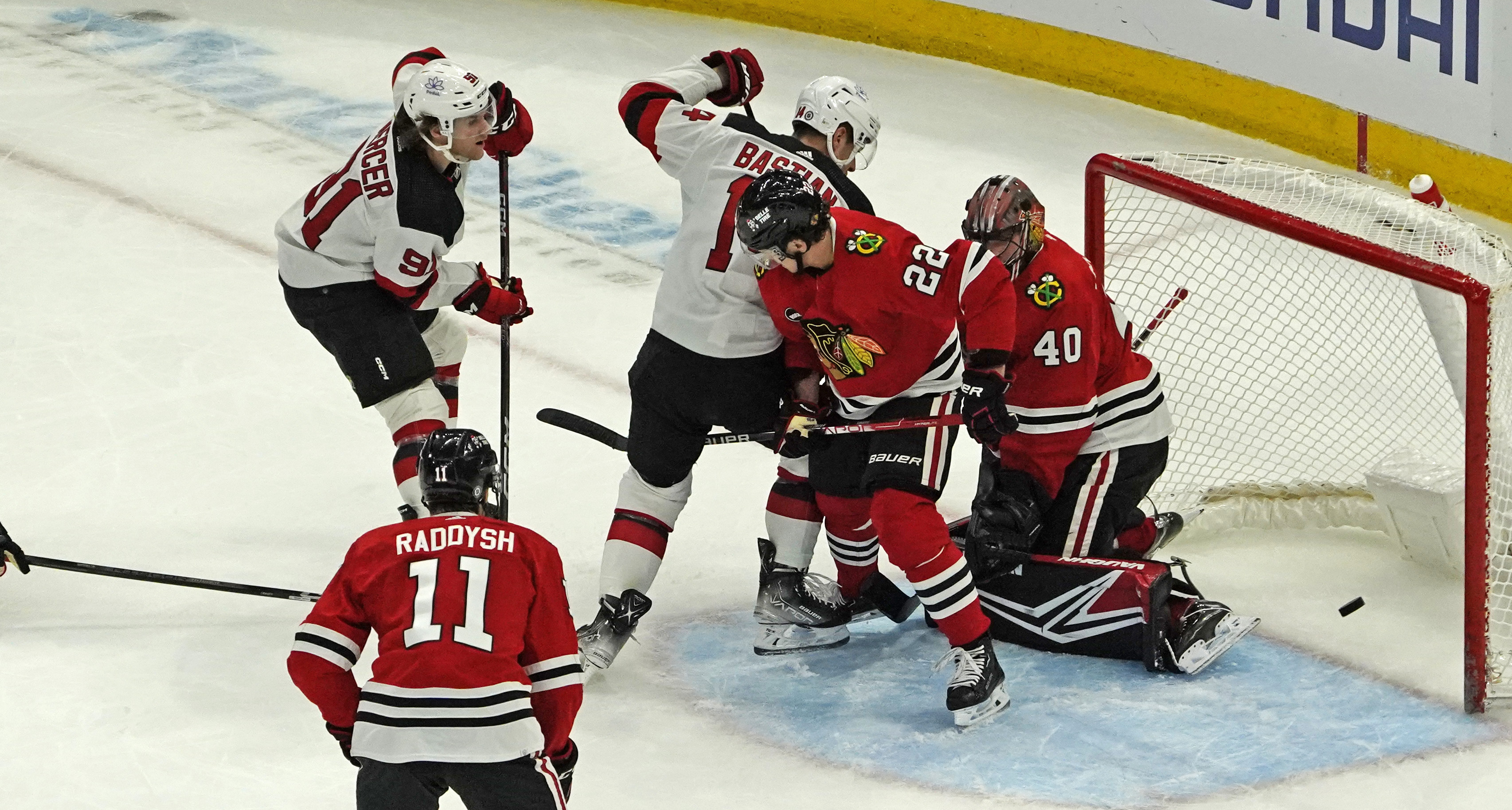 Nov 5, 2023; Chicago, Illinois, USA; New Jersey Devils center Dawson Mercer (91) scores a goal on Chicago Blackhawks goaltender Arvid Soderblom (40) during the first period at United Center. Mandatory Credit: David Banks-USA TODAY Sports - Devils’ Depth Players Propel Team to 4-2 Victory Over Blackhawks