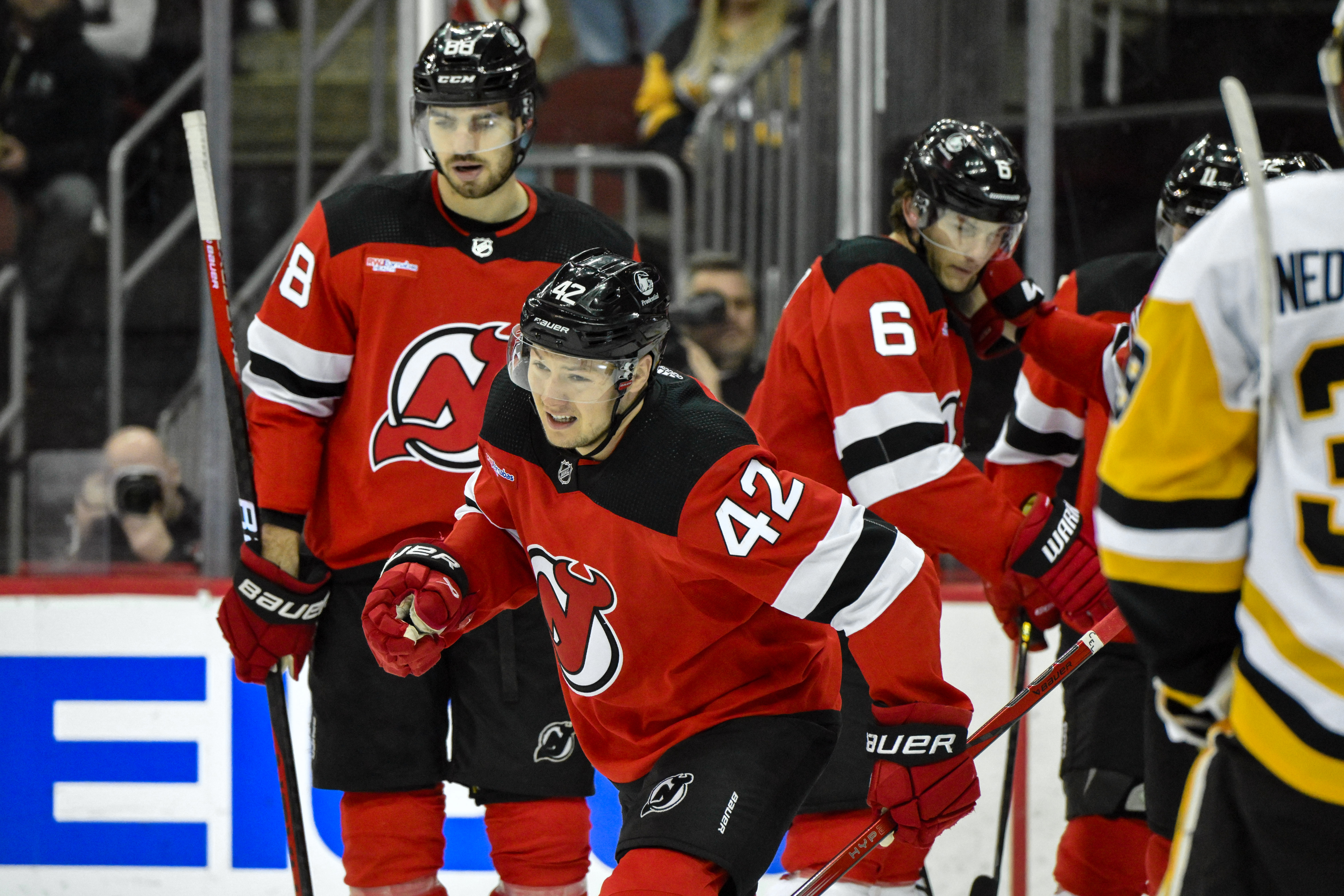 Apr 2, 2024; Newark, New Jersey, USA; New Jersey Devils center Curtis Lazar (42) reacts after scoring a goal against the Pittsburgh Penguins during the second period at Prudential Center. Mandatory Credit: John Jones-Imagn Images - New Jersey Devils Are Stockpiling Former Ottawa Senator First-Rounders This Season