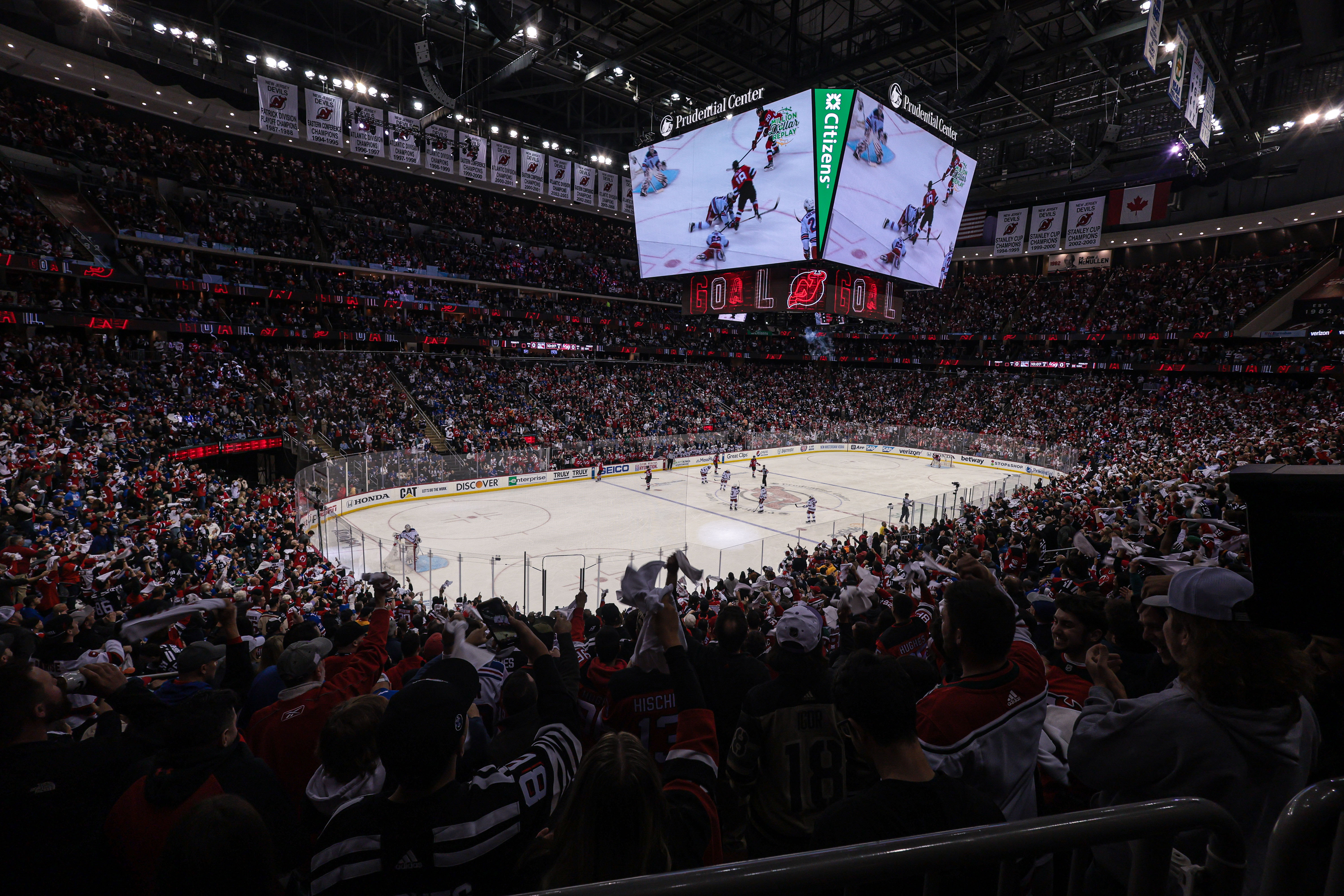May 1, 2023; Newark, New Jersey, USA; New Jersey Devils fans celebrate a goal by center Michael McLeod (not pictured) during the second period in game seven of the first round of the 2023 Stanley Cup Playoffs against the New York Rangers at Prudential Center. Mandatory Credit: Vincent Carchietta-Imagn Images - InStilettos: A Thank You To Devils Fans