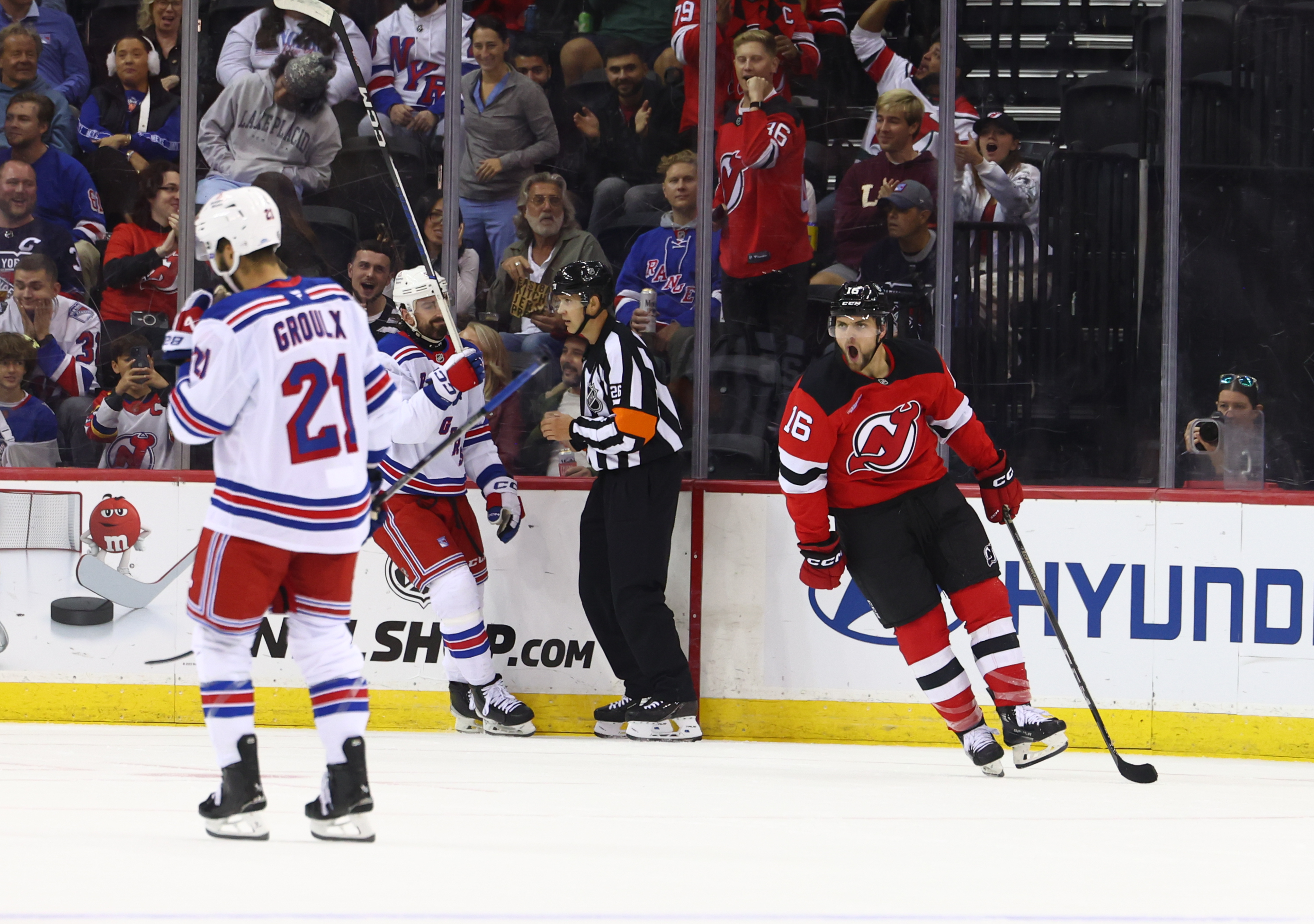 Sep 30, 2024; Newark, New Jersey, USA; New Jersey Devils right wing Nathan Legare (16) celebrates his goal against the New York Rangers during the first period at Prudential Center. Mandatory Credit: Ed Mulholland-Imagn Images - Devils Morning Skate Notebook: Tatar Update, Roster Moves, Lineup & More