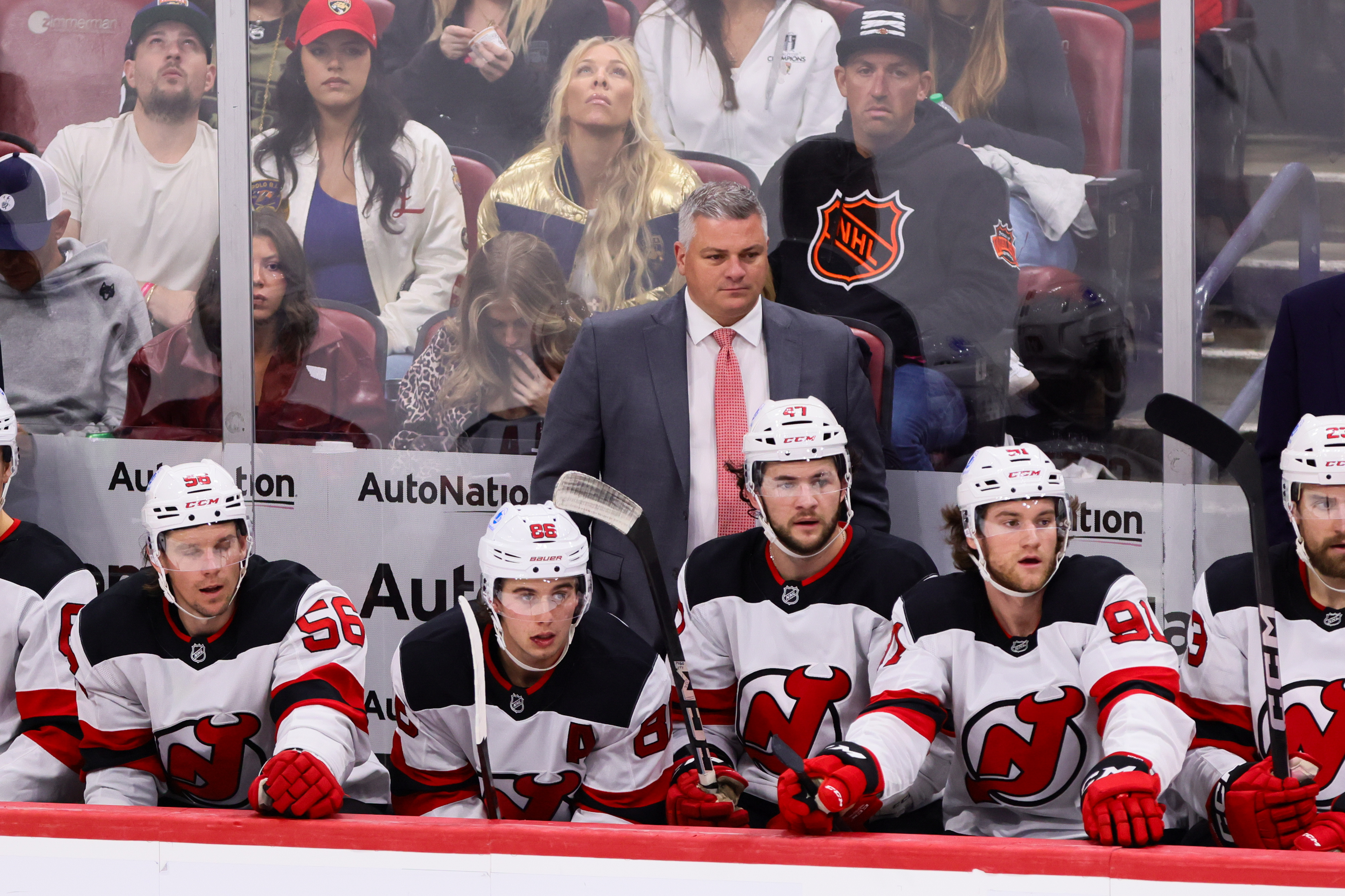 Nov 12, 2024; Sunrise, Florida, USA; New Jersey Devils head coach Sheldon Keefe watches from the bench against the Florida Panthers during the third period at Amerant Bank Arena. Mandatory Credit: Sam Navarro-Imagn Images - Optimum Drops MSG Networks From Channel Lineup, Affecting Devils Fans In Tri-State Area