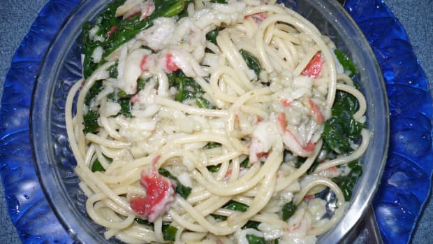 frugal-grocery-shopping-tips-with-recipe-number-three-crab-spinach-pasta-in-a-garlic-buttery-sauce