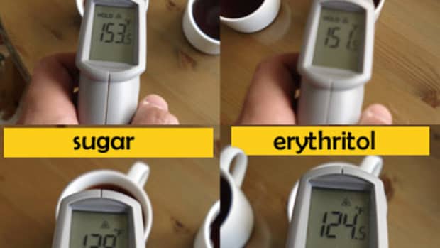 Tea from the same source starts off at about same temperature. Erythritol cools much more than sugar as it dissolves.