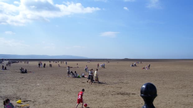 West Kirby beach, with the Welsh hills and Little Eye on the horizon.