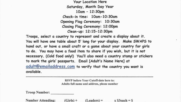 A basic informational flyer and registration sheet. This one doesn't have Service Project information on it.  You should include Service information, especially if each troop is supposed to bring something to the event.