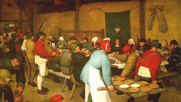 Pieter Breugal the Elder painted this peasant wedding feast, complete with unlimited porridge pies-- and bagpipes, in 1567.