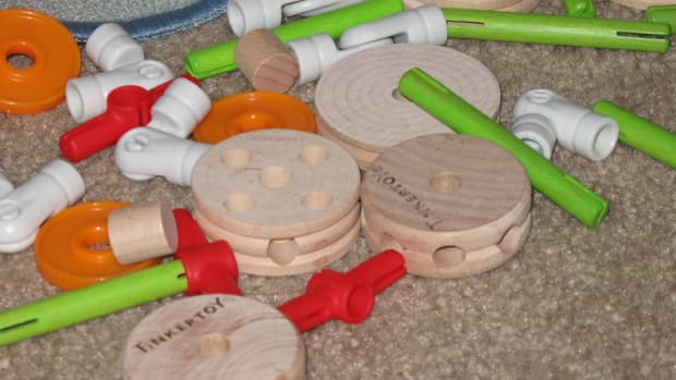 The new Tinker Toys come with classic wooden shapes and connectors, but add several fun new pieces as well, including wheels and hinges.