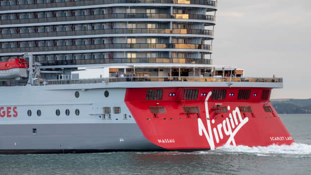 Stern of a Virgin Voyages cruise ship