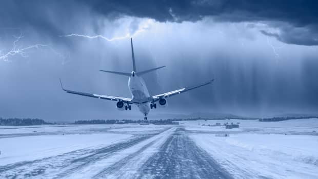 Plane landing on a snow covered runway in stormy conditions