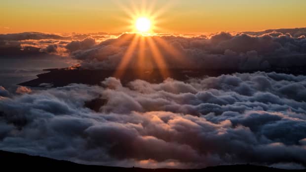 The sunlight above the clouds at Hawaii's Haleaka Mountain on Maui.