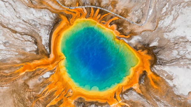 Aerial view of the Grand Prismatic Spring in Yellowstone Nat'l Park, WY