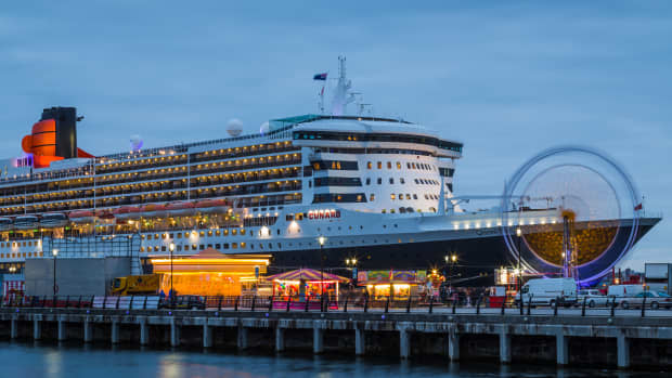 Cruise ship docked in Liverpool, England in the evening
