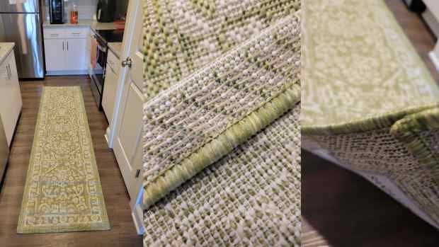 left is a green runner rug with a white pattern on it, middle and final image are a close-up of the material