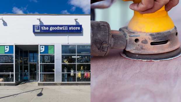 left side is a goodwill storefront and the right is a close-up of a yellow sander sanding a wooden surface