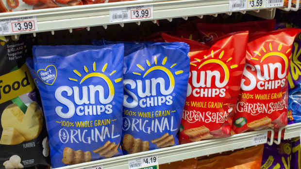 A view of several bags of SunChips, on display at a local grocery store.