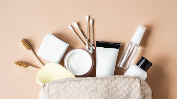 skincare products in a cosmetic bag