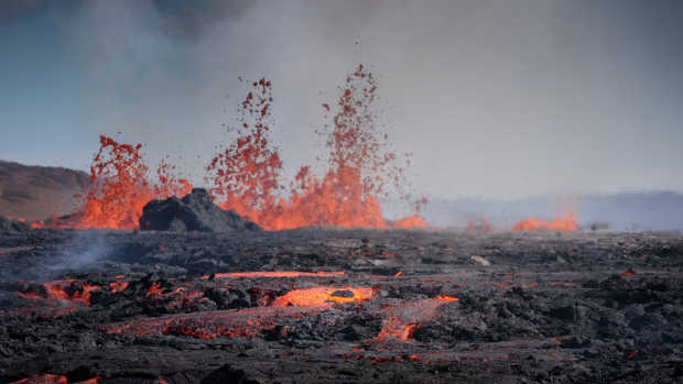 Lava erupting from a volcano on the Reykjanes Peninsula in Iceland