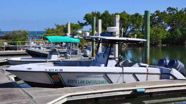 A Florida FWC law enforcement boat docked in Biscayne National Park