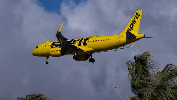 A Spirit Airlines plane flying over palm trees