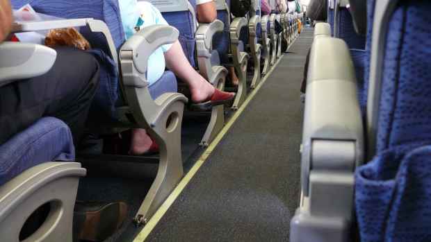 An airplane cabin aisle