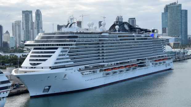 An MSC Cruise ship docked in Miami Harbor