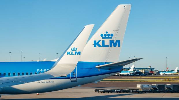 The tail wing of a KLM plane at Schiphol Airport