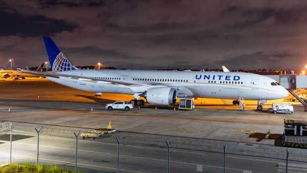 A United Airlines plane on the tarmac in Houston
