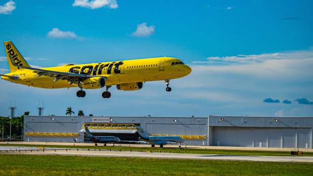 A Spirit Airlines plane arriving in Fort Lauderdale