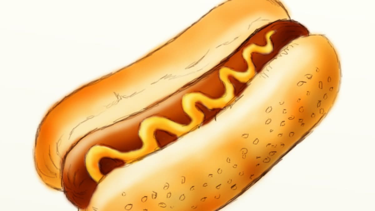 Sketch of hot dog with sausage and mustard sauce. Vector fast food hand  drawn line art and cartoon illustration isolated on a white background.  fresh sandwich with sauce and green salad Stock
