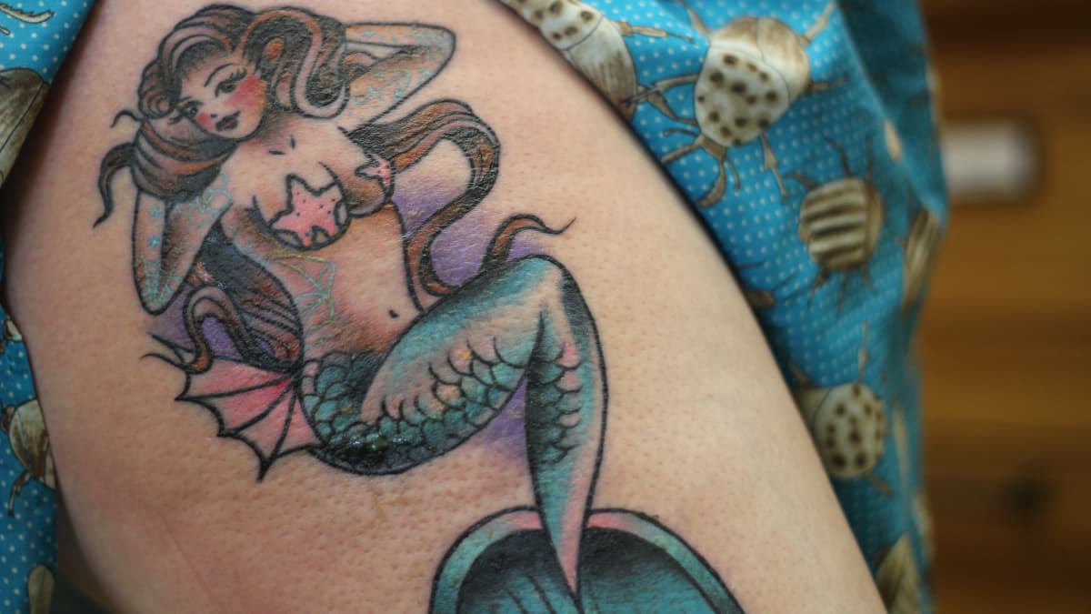 Unique Grey Ink Mermaid Tattoos Design
