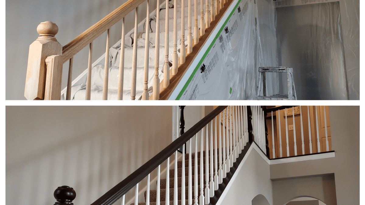 Home Renovation Staircase Covered With Drop Cloth For Painting