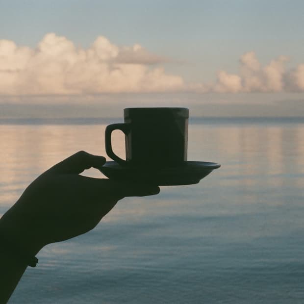 Silhouetted arm holding teacup and saucer over water