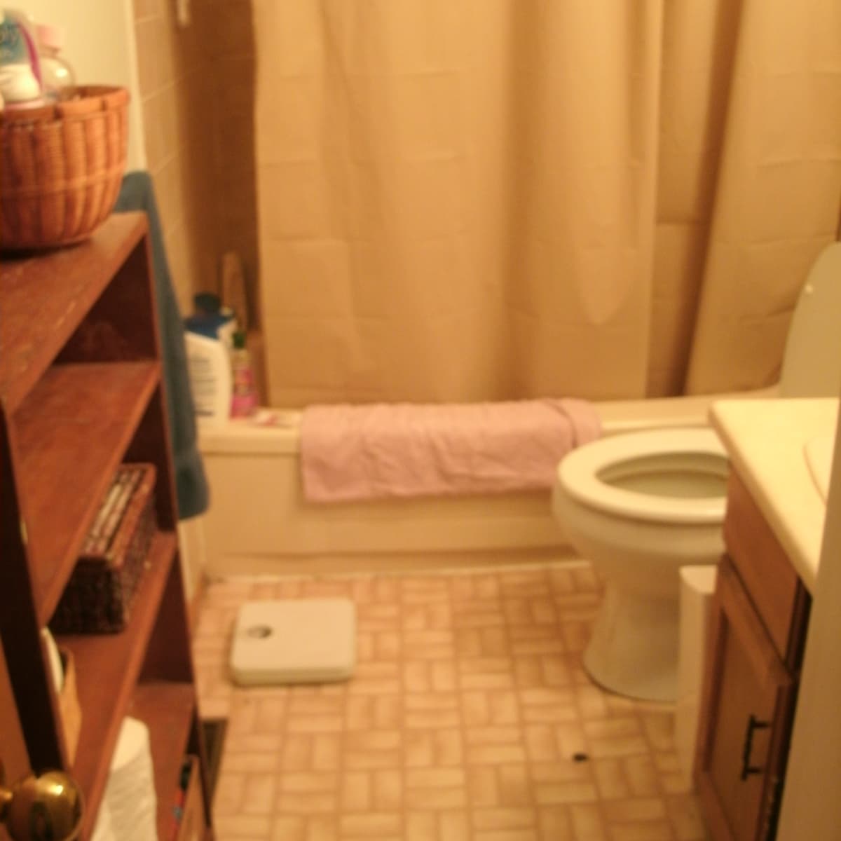 Help! I'll be moving into this house soon. Can't figure out how to store  toiletries in this cute but tiny bathroom, especially shampoo etc. Need  ideas. Ok to install things, but budget