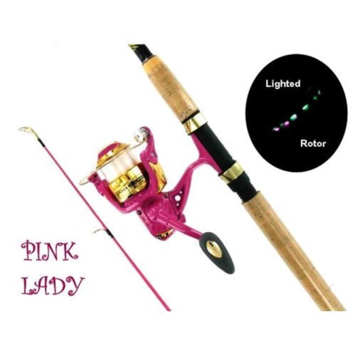 Roddy-Lites Graphite Pink Light-Up Open Fishing Reel & Rod RLP30 TESTED  WORKS 