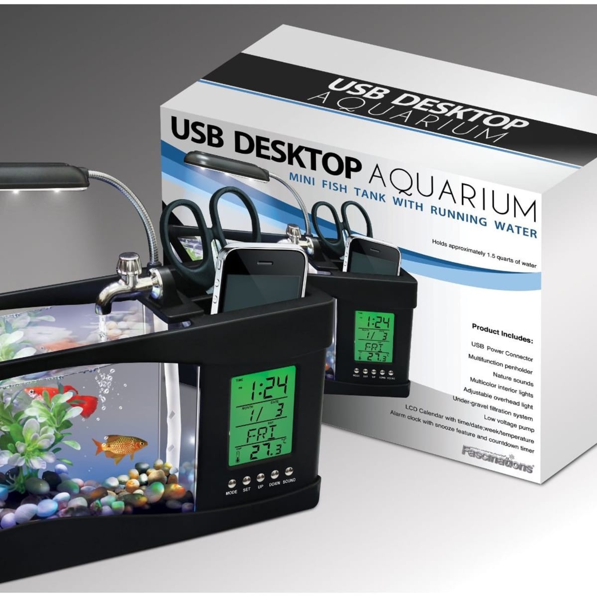 Mini Fish Tank Temp Aquarium Pebbles USB Desktop LCD Timer Clock LED Lamp  Light