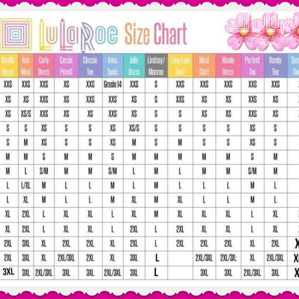Here is the sizing chart for the Lularoe Julia Dress. This is a form  fitting dress and runs true to size. #lularoejul…