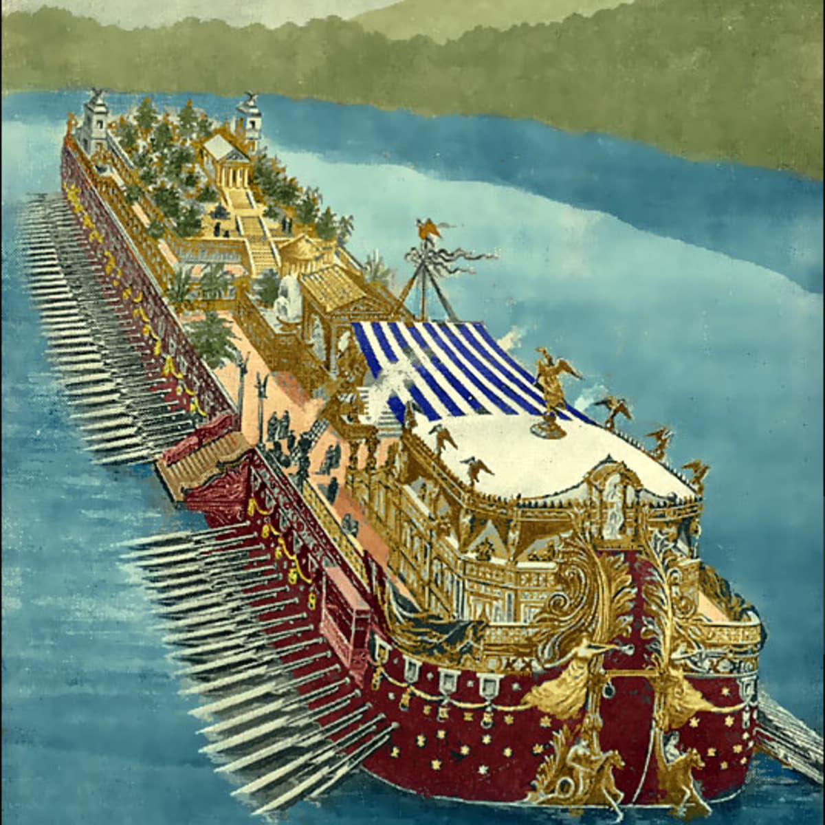 Roman Emperor Caligula and the fantastic Nemi Barges discovered at the bottom of the lake.