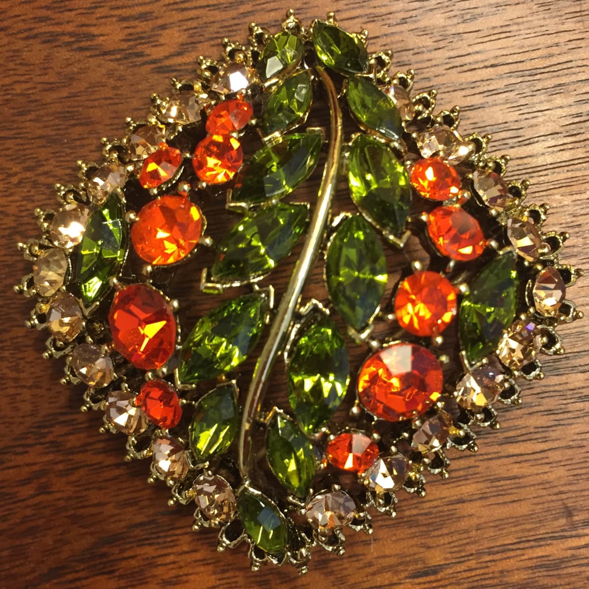 Leaf Brooch, Bright Orange Rhinestones , Gold Plated, 1950s Vintage Jewelry  